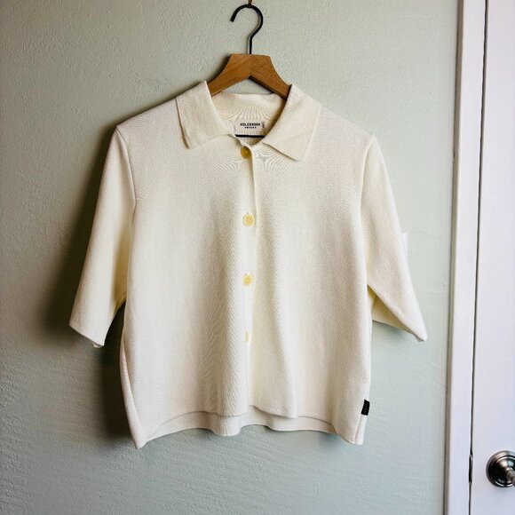 Holebrook Sweden Organic Cotton Knit Polo Sweater Top Ivory Short Sleeve  L - Picture 1 of 9